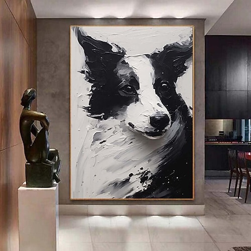 

handgemaltes abstraktes Hunde-Ölgemälde auf Leinwand, modernes, lustiges Spachtel, schwarz-weißer süßer Hund für Kinderzimmer, gerollte Leinwand (kein Rahmen)