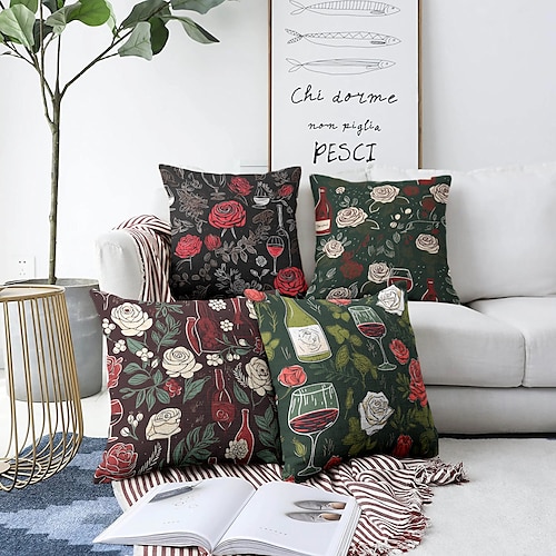 

Rose Win Glasses Double Side Pillow Cover 4PC Soft Decorative Square Cushion Case Pillowcase for Bedroom Livingroom Sofa Couch Chair