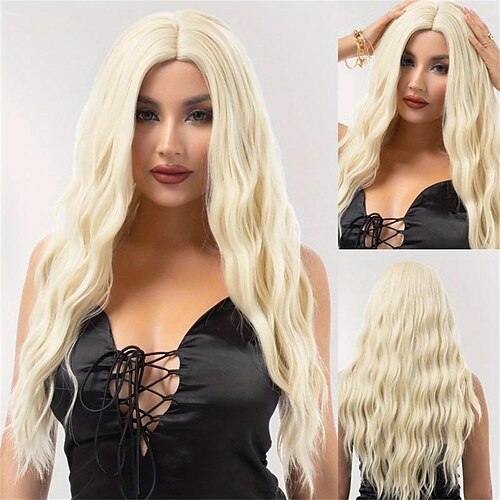 

26 Inch Blonde Long Wave Wigs Women's Middle Part Wave Wigs Synthetic Fiber Heat Resistant Wig For Daily Party Cosplay Wear Christmas Party Wigs