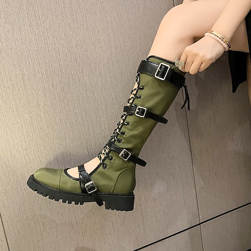 

Mulheres Botas Botas com salto Botas de Moto Botas de Montaria Ao ar livre Diário Botas Longas Presilha Ziper Plataforma Ponta Redonda Vintage Moda Casual Couro Sintético zíper Côr Sólida Preto Verde