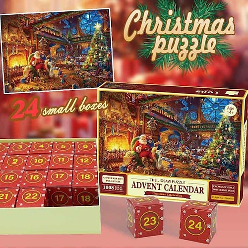 

Адвент-календарь, рождественские пазлы на 2023 год, рождественские календари-сюрпризы на 24 дня для детей и взрослых, 24 коробки, 1008 деталей, пазлы с Санта-Клаусом для мальчиков и девочек, отличный