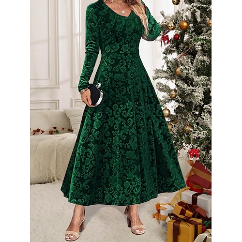

Women's Plus Size Black Dress Velvet Dress Green Christmas Party Dress Midi Dress Black Wine Blue Long Sleeve Floral Jacquard Fall Winter Autumn V Neck