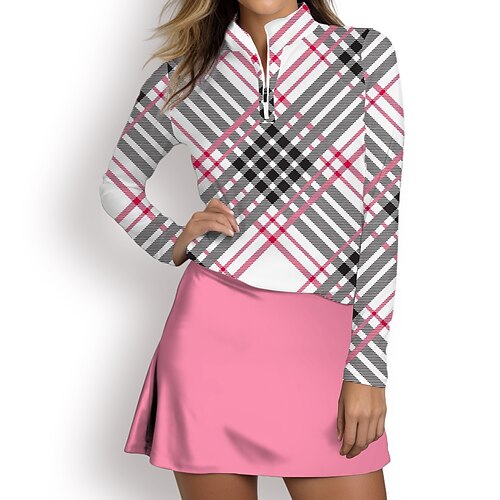 

Femme T-shirt POLO Chemise de golf Respirable Séchage rapide Evacuation de l'humidité manche longue Vêtements de golf Top Standard Zippé Col Montant Plaid Printemps Automne Tennis Le golf Pickleball