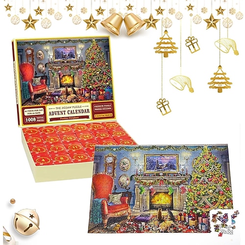 

Advent Calendar 2023 Christmas Jigsaw Puzzles Blind Box Christmas by the Fireplace Holiday Puzzles for Adults Kids, 24 Parts 1008 Pieces Jigsaw Puzzles Gift for Countdown to Christmas