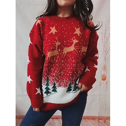 

Mujer Suéter navideño feo Suéter de punto Puente Estriado Tejer Regular De Gran Tamaño Estrella Cuello Barco Elegante Casual Exterior Navidad Otoño Invierno Rojo S M L