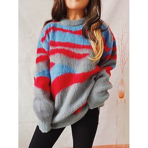 

Women's Sweater Set Crew Neck Chunky Knit Polyester Knitted Spring Fall Winter Regular Home Daily Fashion Daily Casual Long Sleeve Color Block Striped Red Green S M L