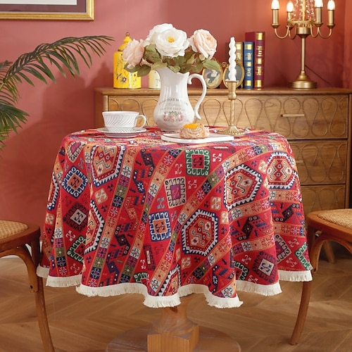 

Round Tablecloth Vintage Floral Jacquard Table Cloths with Tassels Cotton Linen Table Covers for Dinner Parties Outdoor Decoration