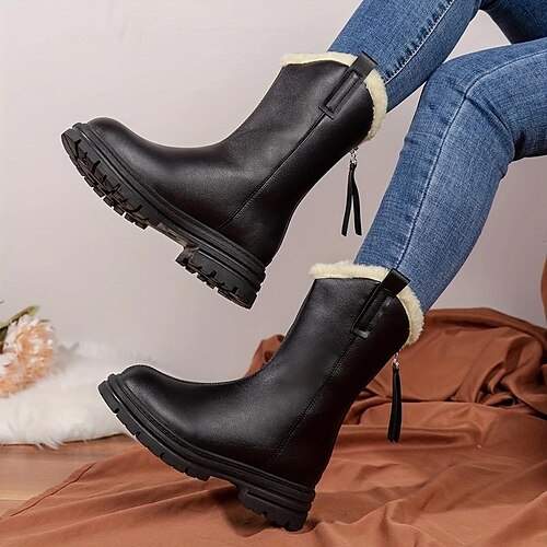 

Mujer Botas Tallas Grandes Exterior Diario Forrado con Lana Botas a media pierna Hebilla Tacón Cuadrado Dedo redondo Moda Felpa Minimalismo PU Cremallera Color sólido Negro