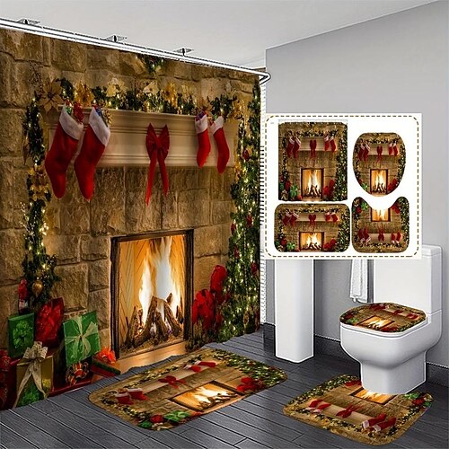 

Cortina de ducha de Feliz Navidad, cortina de ducha de poliéster con chimenea de calcetín navideño, alfombra de baño, alfombrilla en forma de U para inodoro, almohadilla para tapa de inodoro, decoración de baño