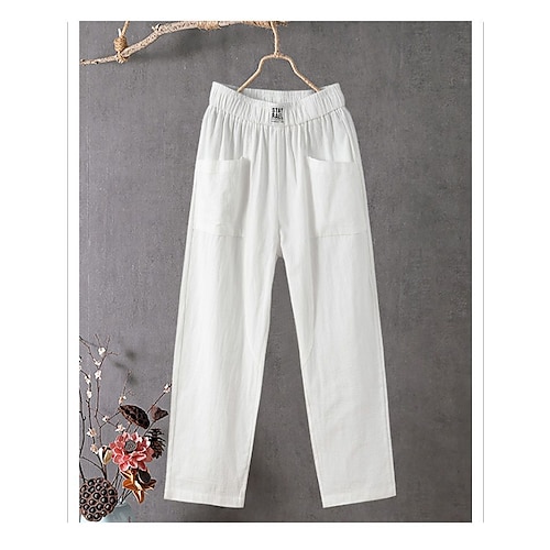 

Women's Slacks Baggy Cropped Pants Linen Plain Pocket Baggy Ankle-Length Micro-elastic Mid Waist Streetwear Casual Vacation Casual Daily Black White S M Summer Spring