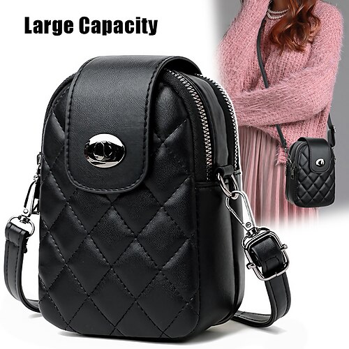 

Women's Crossbody Bag Shoulder Bag Mobile Phone Bag PU Leather Outdoor Daily Holiday Buckle Zipper Large Capacity Waterproof Lightweight Solid Color Quilted Black