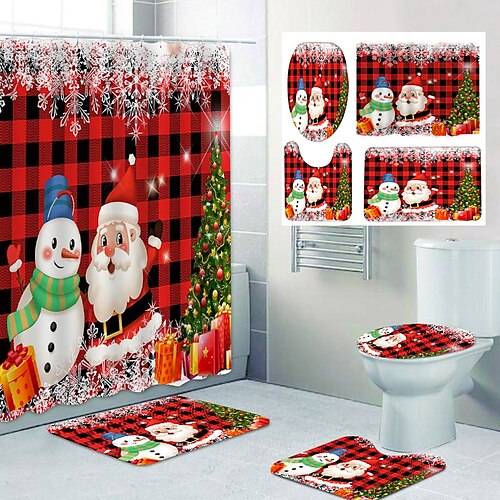 

Christmas Bathroom Deco 4 Pcs Shower Curtain Set Bathroom Sets Modern Home Bathroom Decor with Bath Mat U Shape and Toilet Lid Cover Mat and 12 Hooks