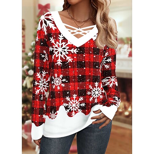 

Mujer Camiseta Camisa de Navidad Rojo Plaid Copo Estampado Manga Larga Navidad Fin de semana Festival / Vacaciones Escote en Pico Ajuste regular Pintura Primavera Otoño