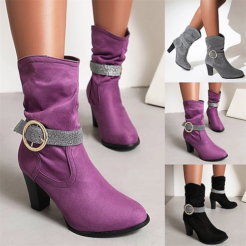 

Women's Boots Plus Size Outdoor Daily Mid Calf Boots Buckle Chunky Heel Round Toe Vintage Minimalism Industrial Style PU Loafer Solid Color Black Silver Purple