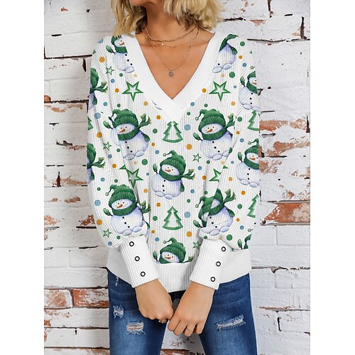 

Women's Pullover Sweater Jumper V Neck Crochet Knit Print Drop Shoulder Fall Winter Regular Christmas Stylish Casual Soft Long Sleeve Snowman Light Green Red S M L