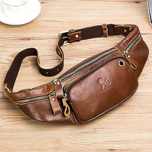 

Sac banane d'extérieur en cuir véritable pour hommes, sac de taille pour voyage randonnée course à pied, pochette pour téléphone portable, sac de caisse