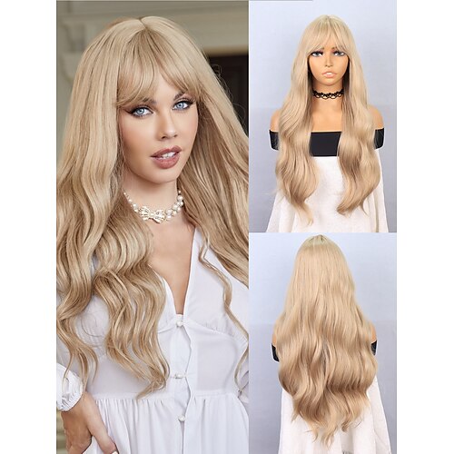 

Cosplay Kostüm Perücke Synthetische Perücken Große Wellen Wellen Gerader Pony Maschinell gefertigt Perücke 28 Zoll Hellgolden Synthetische Haare Damen Blond