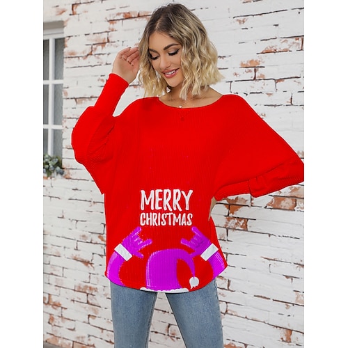 

Mujer Suéter de punto Puente Estriado Tejer Regular Estampado Letra Cuello Barco Elegante Suave Navidad Otoño Invierno Amarillo Rojo S M L