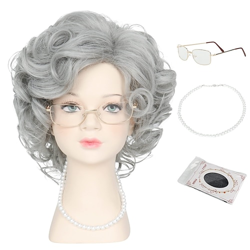 

Perruque grise pour enfants, perruque de vieille dame, grand-mère, 100 jours d'école, lunettes de grand-mère, fête d'halloween, perruque de remplacement de cheveux