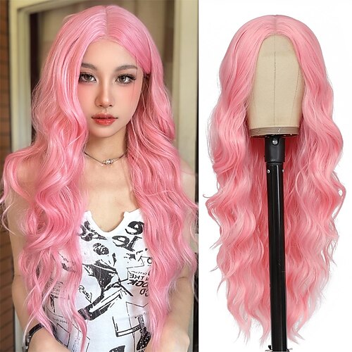 

Perruque rose - Perruques ondulées roses de 26 pouces pour femmes, perruques de remplacement de cheveux synthétiques, partie centrale, perruque de cosplay, perruques en fibres résistantes à la chaleur