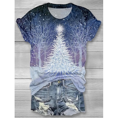 

Mulheres Camiseta Camisa de Natal Boneco de Neve Árvore de Natal Brilhante Preto Branco Rosa Imprimir Manga Curta Festa Natal Final de semana Festival / feriado Decote Redondo Normal Verão