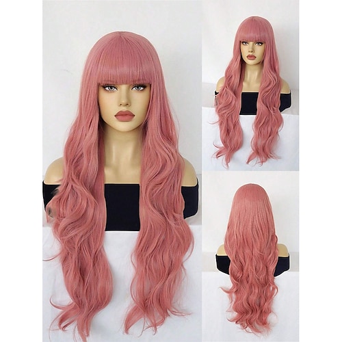 

Peluca de mujer de pelo extra largo con flequillo perfecta para uso diario en fiestas onda suelta rosa Peluca de cosplay súper larga de 32 pulgadas para vacaciones Pelucas de fiesta de Navidad de