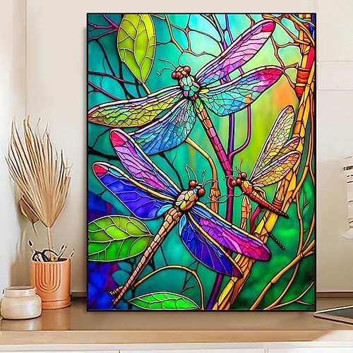 

1pc Animal DIY Diamond Dragonfly Colored Glass Window Full Diamond Art Embroidery Handicrafts For Wall Decoration Christmas Surprise Gifts Without Frame 30x40cm/12''x16''