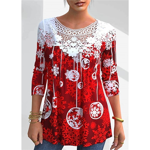 

Damen T Shirt Weihnachts-Shirt Rote Schneeflocke Spitze Bedruckt Langarm Party Weihnachten Wochenende Fest / Feiertage Rundhalsausschnitt Regular Fit Farbe Frühling Herbst