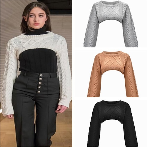 

femme col rond pull torsadé court patchwork couleur unie haussements d'épaules élégant extérieur quotidien automne hiver noir blanc s m l