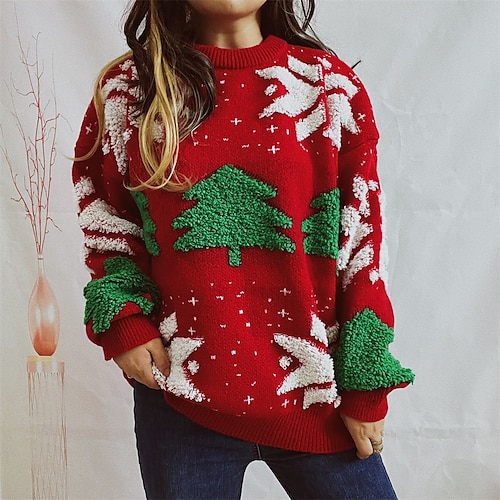 

Damen-Weihnachtspullover, Pullover, Pullover, Rundhalsausschnitt, Grobstrick, Polyester, Stickerei, Frühling, Herbst, Winter, normal, Weihnachten, täglich, Neujahr, Vintage, Mode, täglich,