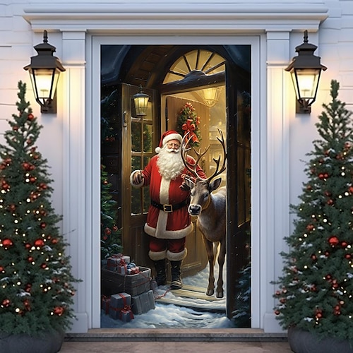 

Рождественские дверные покрытия с изображением оленей Санта-Клауса дверные гобелены дверные занавески украшения Рождественский фон дверной баннер для входной двери Рождественские праздники вечерние