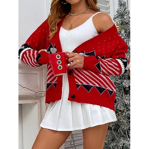 

Women's Cardigan Sweater Jacket V Neck Ribbed Knit Polyester Button Knitted Fall Winter Regular Outdoor Daily Going out Fashion Streetwear Casual Long Sleeve Print off white Red One-Size