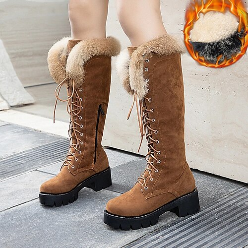 

Damen Stiefel Wildlederschuhe Übergrössen Schnürstiefel Täglich Innenfutter aus Fleece Kniehohe Stiefel Blockabsatz Runde Zehe Vintage Elegant Plüsch Kunst-Veloursleder Schnürsenkel Schwarz Braun