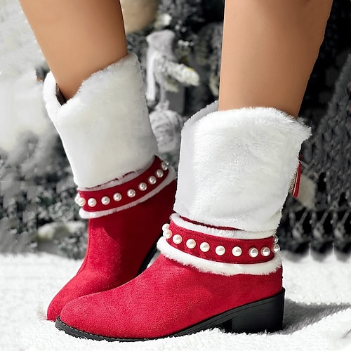 

Damen Stiefel Wildlederschuhe Übergrössen Party Outdoor Weihnachten Innenfutter aus Fleece Stiefel mit mittlerer Wade Blockabsatz Vintage Modisch Plüsch Wildleder Halbschuhe Farbblock Rot