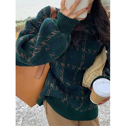 

Women's Ugly Christmas Sweater Pullover Sweater Jumper Crew Neck Ribbed Knit Knit Oversized Fall Winter Regular Outdoor Christmas Daily Stylish Vintage Style Casual Long Sleeve Houndstooth Wine Green