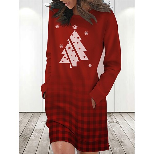 

Women's Casual Dress Sweatshirt Dress Mini Dress Warm Fashion Outdoor Christmas Holiday Crew Neck Pocket Print Christmas Tree Loose Fit Wine S M L XL XXL