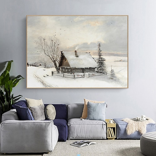 

Paisaje de invierno vintage pintado a mano pintura de invierno antigua arte de pared navideño casa de madera nevada arte de pared de granja hecho a mano lienzo enrollado (sin marco)