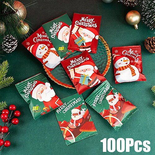 

Bolsa de embalaje de galletas navideñas de 100 piezas, bolsa de embalaje de papel de aluminio para dulces, galletas, chocolate, decoraciones para fiestas de cumpleaños navideñas