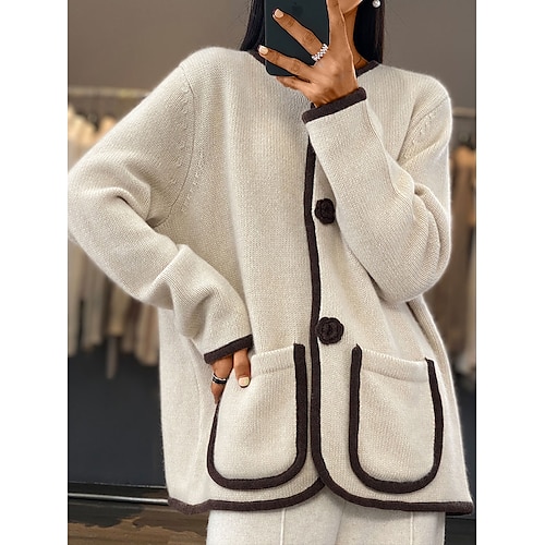 

Mulheres Carregam Decote V Estriado Tricotar Poliéster Bolsos Tricotado Outono Inverno Padrão Ao ar livre Diário Para Noite Moda Roupa de rua Casual Manga Longa Côr Sólida Branco Damasco S M L