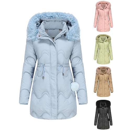 

Women's Parka Puffer Jacket Winter Coat Thermal Warm Heated Coat with Removable Fur Collar Drawstring Zip up Hooded Coat Fall Outerwear with Pockets Classic Long Sleeve Light Blue Pink Black