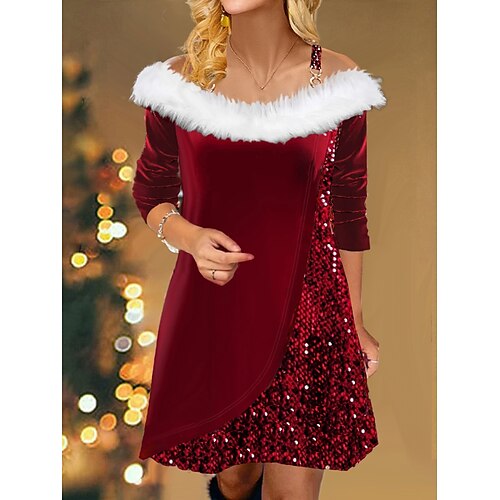 

Damen-Weihnachtspartykleid, weinrotes Samtkleid, Paillettenkleid, Minikleid, langärmelig, reine Farbe, Pailletten, Herbst, Winter, Herbst, Spaghettiträger