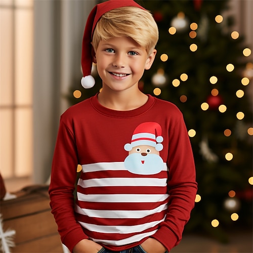 

Christmas Boys 3D Santa Claus Stripe Tee Shirt Long Sleeve 3D Print Fall Winter Sports Fashion Streetwear Polyester Kids 3-12 Years Crew Neck Outdoor Casual Daily Regular Fit