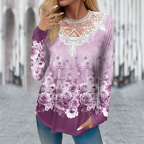 

Femme T shirt Tee Rose Claire Bleu Violet Floral Dentelle Imprimer manche longue Vacances Fin de semaine Mode Col Rond Standard Fleur Peinture Printemps Automne