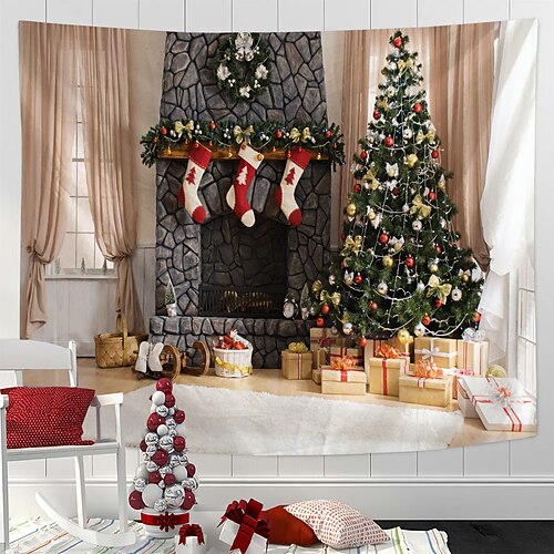 

Christmas Fireplace Hanging Tapestry Wall Art Xmas Large Tapestry Mural Decor Photograph Backdrop Blanket Curtain Home Bedroom Living Room Decoration