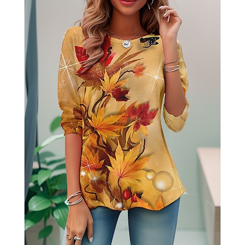 

Damen T Shirt Gelb Rote Orange Blatt Bedruckt Langarm Täglich Wochenende Modisch Rundhalsausschnitt Regular Fit Blume Farbe Frühling Herbst