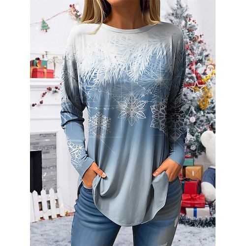 

Mujer Camiseta Camisa de Navidad Negro Rojo Azul Piscina Copo Estampado Manga Larga Navidad Fin de semana Festival / Vacaciones Escote Redondo Ajuste regular Pintura Primavera Otoño