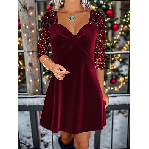 

Vestido de festa feminino vinho vermelho veludo vestido de lantejoulas mini vestido manga longa estrela lantejoulas primavera outono inverno pescoço quadrado moda