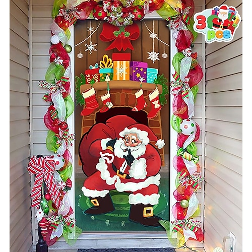 

Cubiertas de puerta de Papá Noel de Navidad decoración de Navidad telón de fondo pancarta de puerta para puerta de entrada casa de campo suministros de decoración para fiesta navideña tapiz de puerta