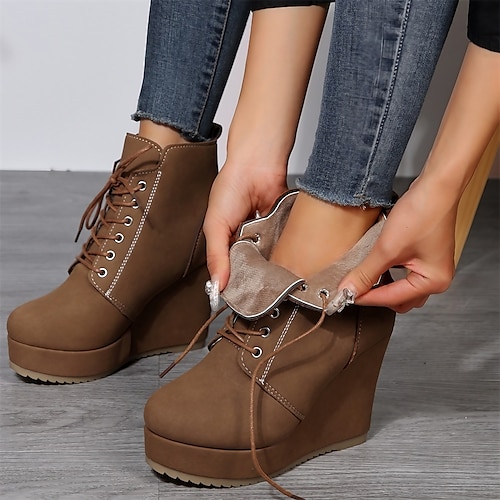 

Women's Boots Platform Boots Height Increasing Shoes Daily Booties Ankle Boots Winter Buckle Platform Wedge Heel Round Toe Casual Comfort PU Lace-up Solid Color Black Brown Beige