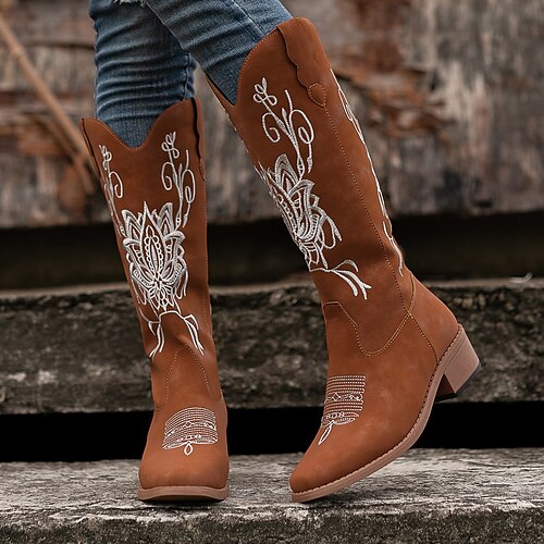 

Damen Stiefel Cowboy Westernstiefel Übergrössen Outdoor Täglich Kniehohe Stiefel Konischer Absatz Runde Zehe Urlaub Vintage Modisch Wanderschuhe PU Halbschuhe Feste Farbe Stickerei Schwarz Weiß Braun